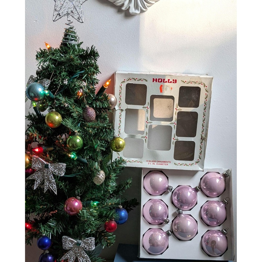 Vintage Holly Pink Glass Christmas Ornaments Set of 8 in Original Box 2.25 Inch